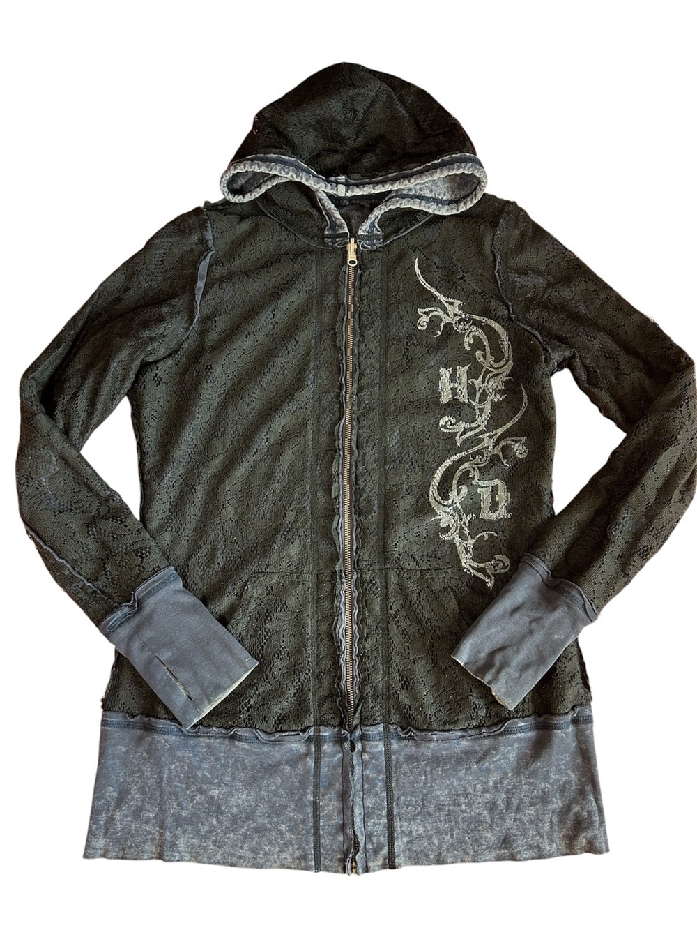 Y2K Harley Davidson Women's Reversible Full Zip Hoodie Blue Black Lace overlay M - Picture 2 of 16